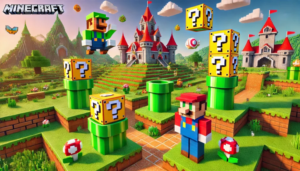 A vibrant Minecraft and Mario crossover scene. The landscape is a blocky Minecraft world infused with Mario-themed elements, including pixelated green warp pipes, floating question mark blocks, and blocky characters resembling Mario and Luigi. The environment is bright and colorful, featuring a mix of Minecraft's pixelated textures and Mario’s whimsical world. A large castle in the background resembles Peach’s Castle, adding to the fusion of both game styles.