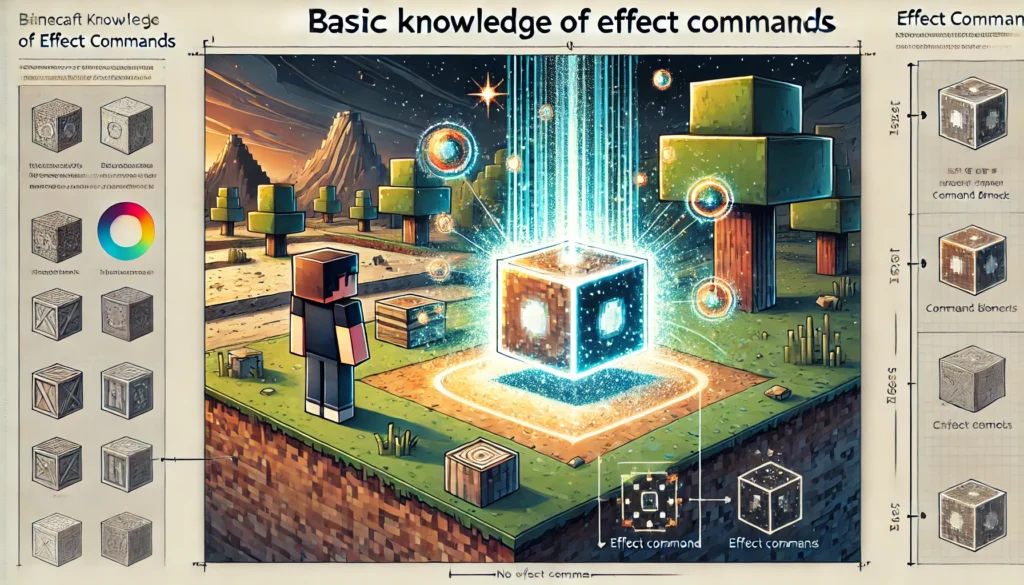 A wide-format digital illustration of a Minecraft scene representing "Basic Knowledge of Effect Commands." The image features a Minecraft player standing near a command block, activating an effect command that creates glowing particles around them. The background includes different biomes such as a forest and desert, showcasing the versatility of effect commands in different environments. No text included.