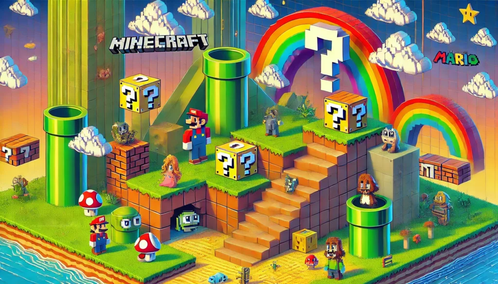 A vibrant, colorful digital illustration of Minecraft and Mario crossover. The scene features a blocky Minecraft landscape with Mario-themed elements such as question mark blocks, warp pipes, and Goomba-like creatures. The background showcases a mix of Minecraft biomes with iconic Mario hills and clouds. The style is a blend of pixel art and 3D rendering, capturing the fusion of both games.