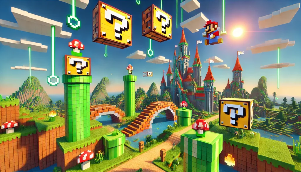 A vibrant Minecraft world infused with Mario-themed elements. The scene features pixelated green warp pipes, floating question mark blocks, and a castle resembling Peach’s Castle. The landscape blends Minecraft’s blocky terrain with Mario’s colorful aesthetic, set under a bright blue sky with pixelated clouds.